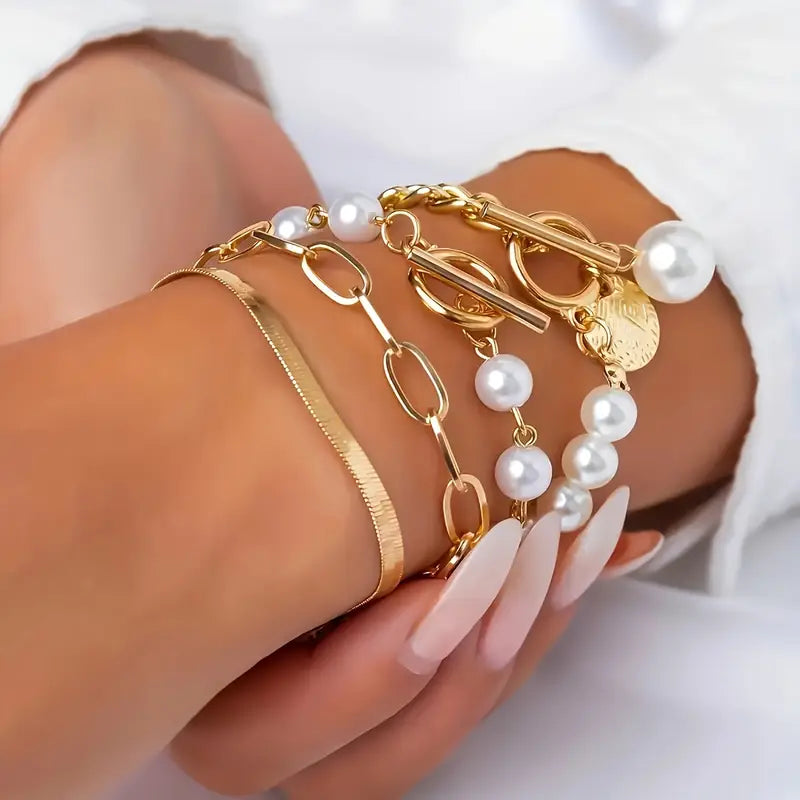 Wójcik™ | Zestaw 4 bransoletek Chic Gold – Wąż, perły i ogniwa