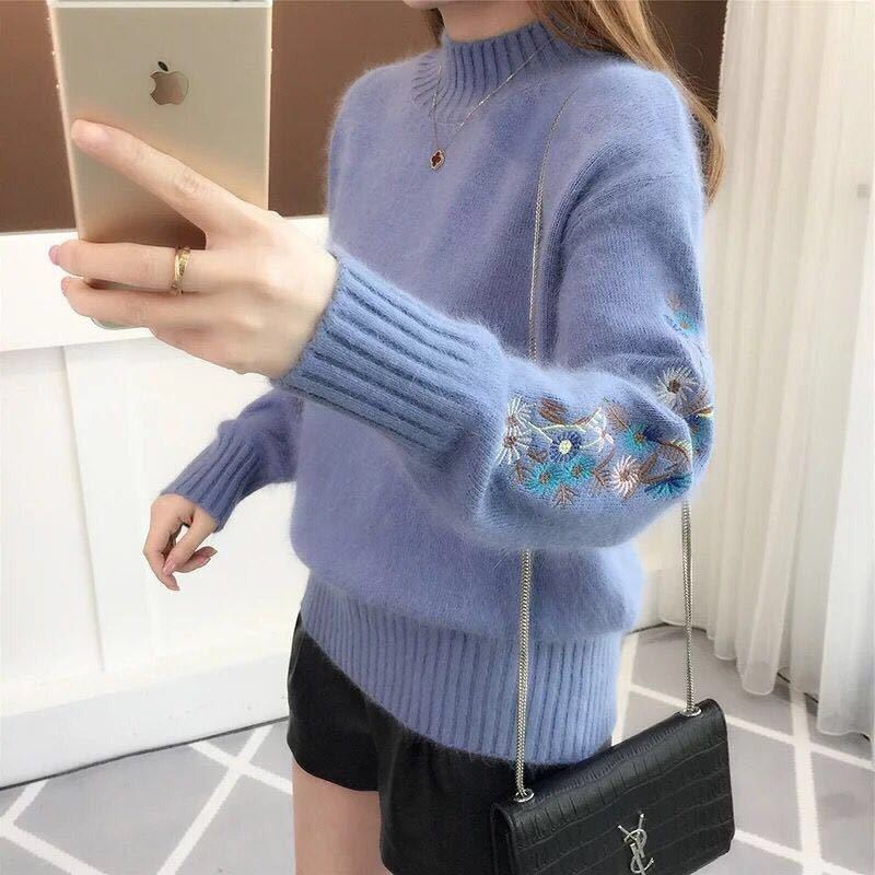 Wójcik™ | Gruby sweter z dzianiny bawełnianej z kwiatowym haftem