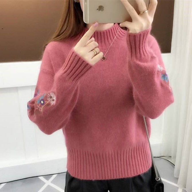 Wójcik™ | Gruby sweter z dzianiny bawełnianej z kwiatowym haftem