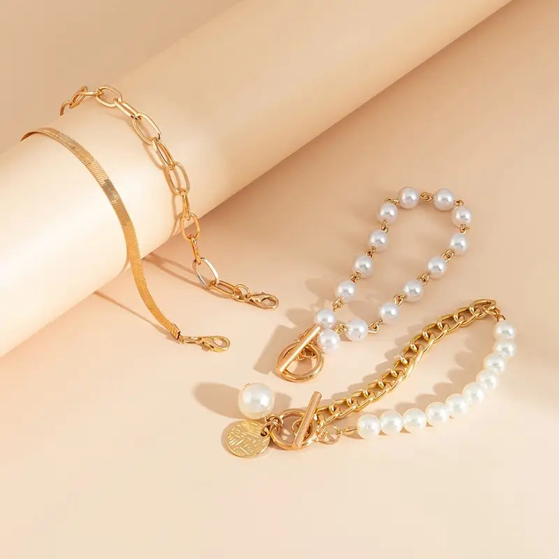 Wójcik™ | Zestaw 4 bransoletek Chic Gold – Wąż, perły i ogniwa