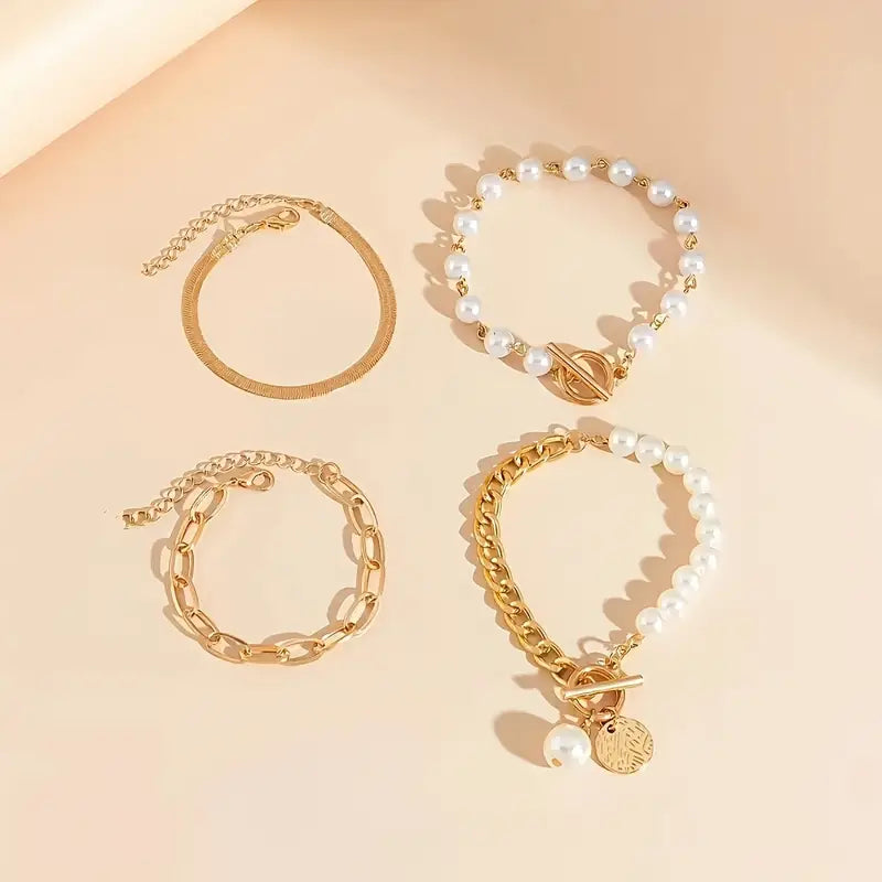 Wójcik™ | Zestaw 4 bransoletek Chic Gold – Wąż, perły i ogniwa
