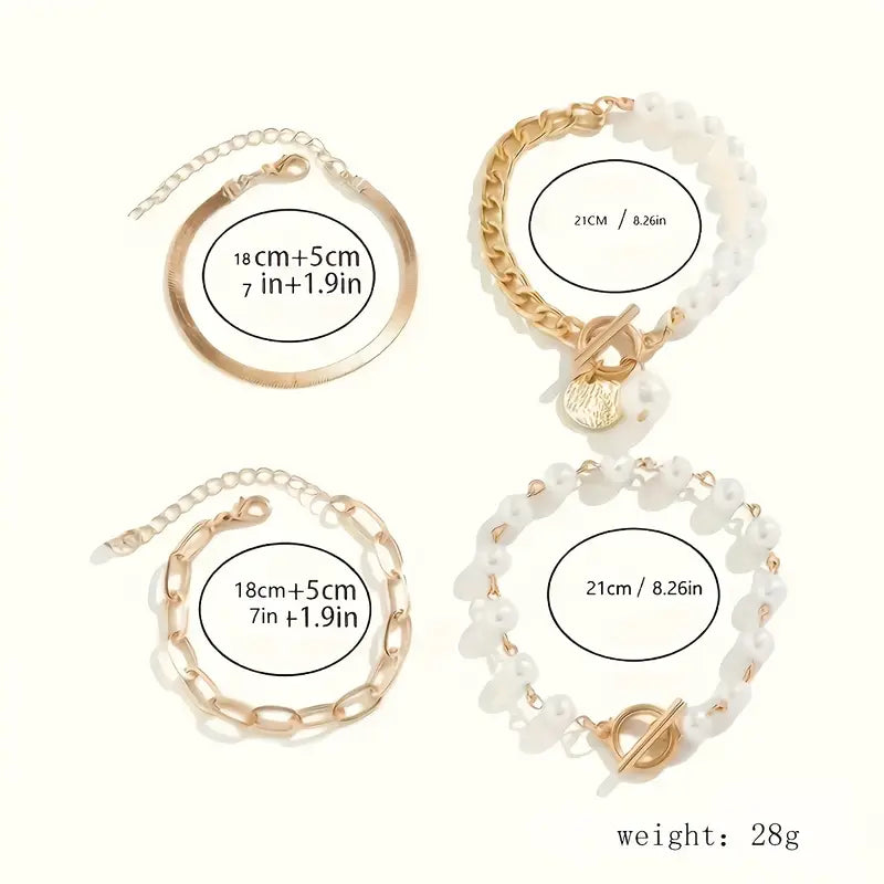 Wójcik™ | Zestaw 4 bransoletek Chic Gold – Wąż, perły i ogniwa