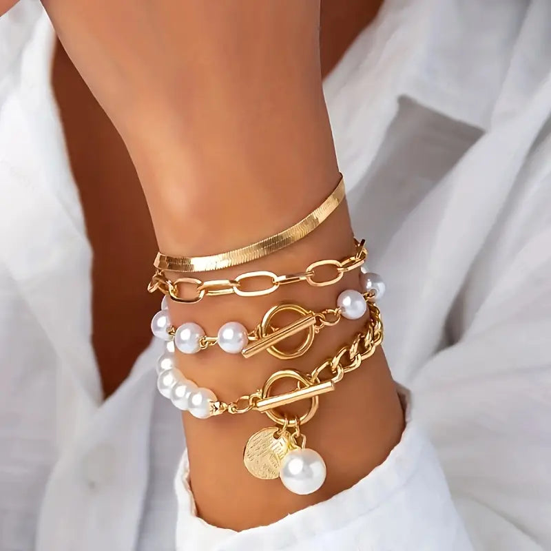 Wójcik™ | Zestaw 4 bransoletek Chic Gold – Wąż, perły i ogniwa
