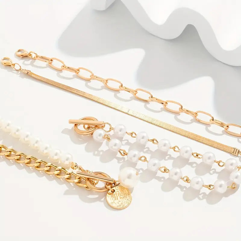 Wójcik™ | Zestaw 4 bransoletek Chic Gold – Wąż, perły i ogniwa