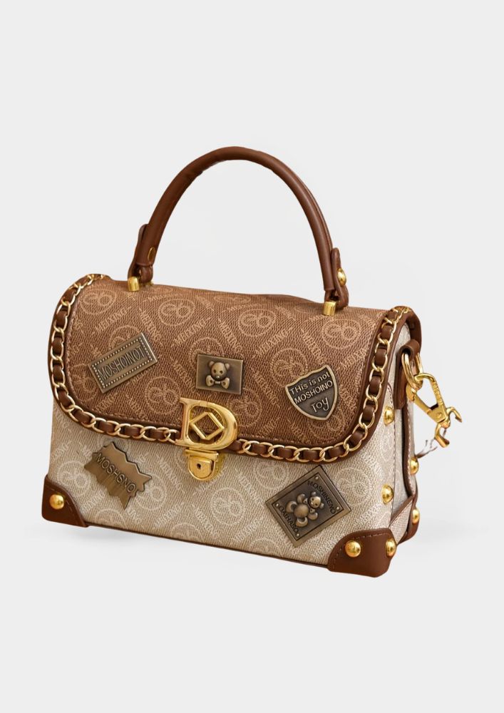 Wójcik™ | Retro torba na ramię z monogramem i złotymi akcentami